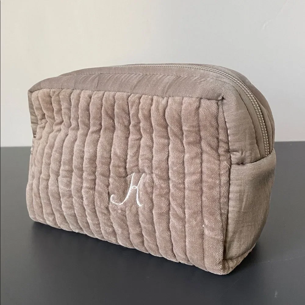 Pottery Barn Quilted Cosmetic Bag in Taupe Soft Velvet Touch Travel Vacation 